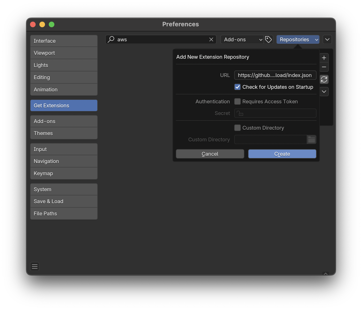 Blender preferences window with an open pop-up for adding an extension repository.