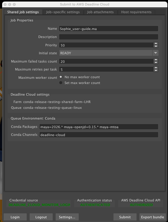 Deadline Cloud submitter dialog showing the Shared job settings tab with job properties and queue environment fields.