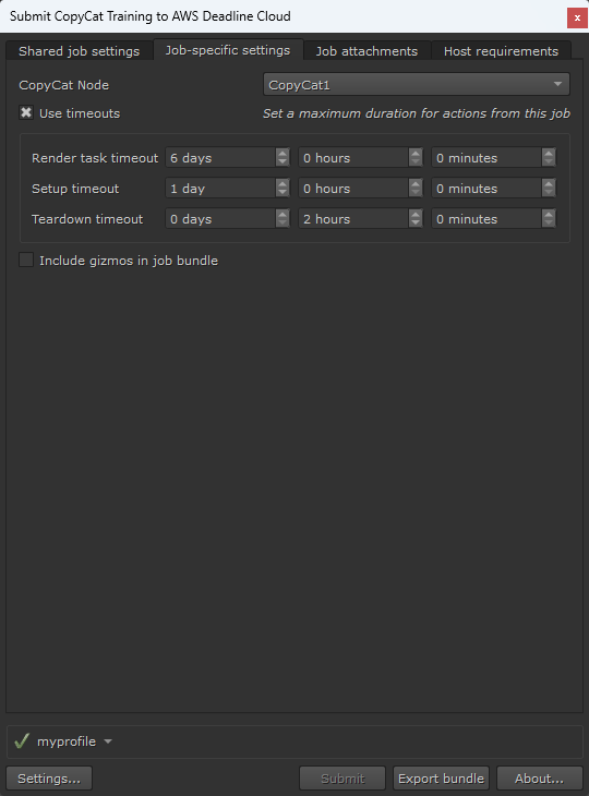 Submitter interface showing Nuke CopyCat training-specific job settings.