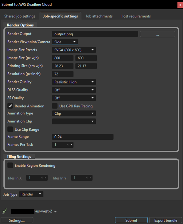 The Submit to Deadline Cloud dialog showing the Job-specific settings tab with VRED Render Options (Render Output, Render Viewpoint/Camera, Image Size Presets, Image Size, Printing Size, Resolution, Render Quality, DLSS Quality, SS Quality, Render Animation, Use GPU Ray Tracing, Animation Type, Animation Clip, Use Clip Range, Frame Range, Frames Per Task), Tiling Settings (Enable Region Rendering, Tiles In X, Tiles In Y), and the Job Type selector.