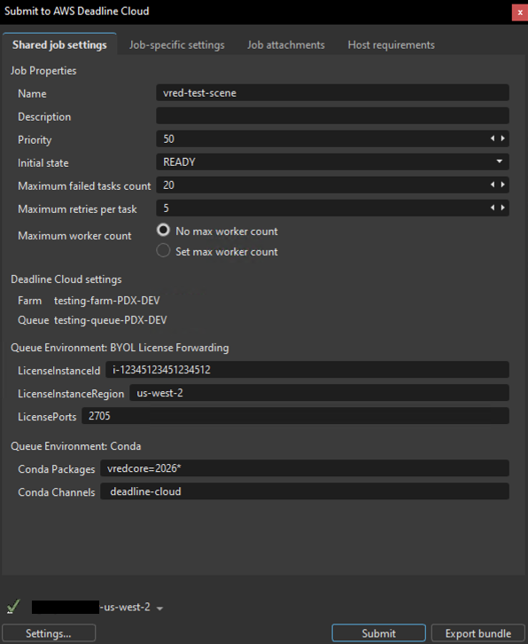 The Submit to Deadline Cloud dialog showing the Shared job settings tab with Job Properties (Name, Description, Priority, Initial state, Maximum failed tasks count, Maximum retries per task, Maximum worker count), Deadline Cloud settings (Farm, Queue), the BYOL License Forwarding queue environment, and the Conda queue environment.