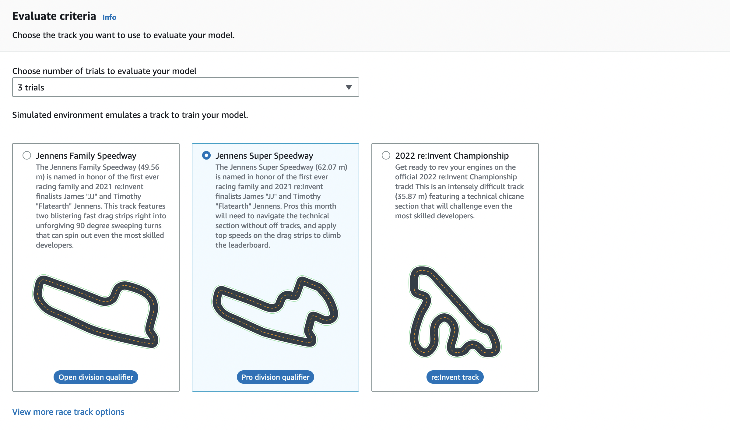 Image: AWS DeepRacer select a track for evaluation.