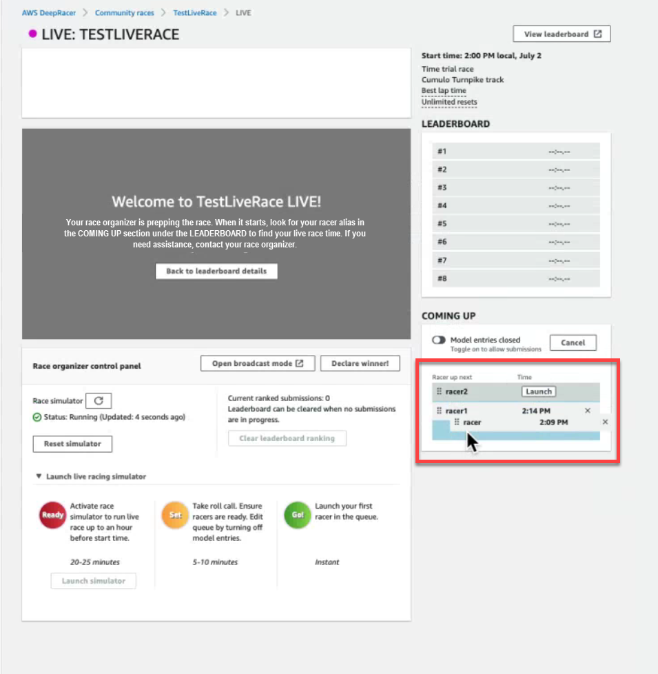 Grab and drop racer names to reorder your race queue.
