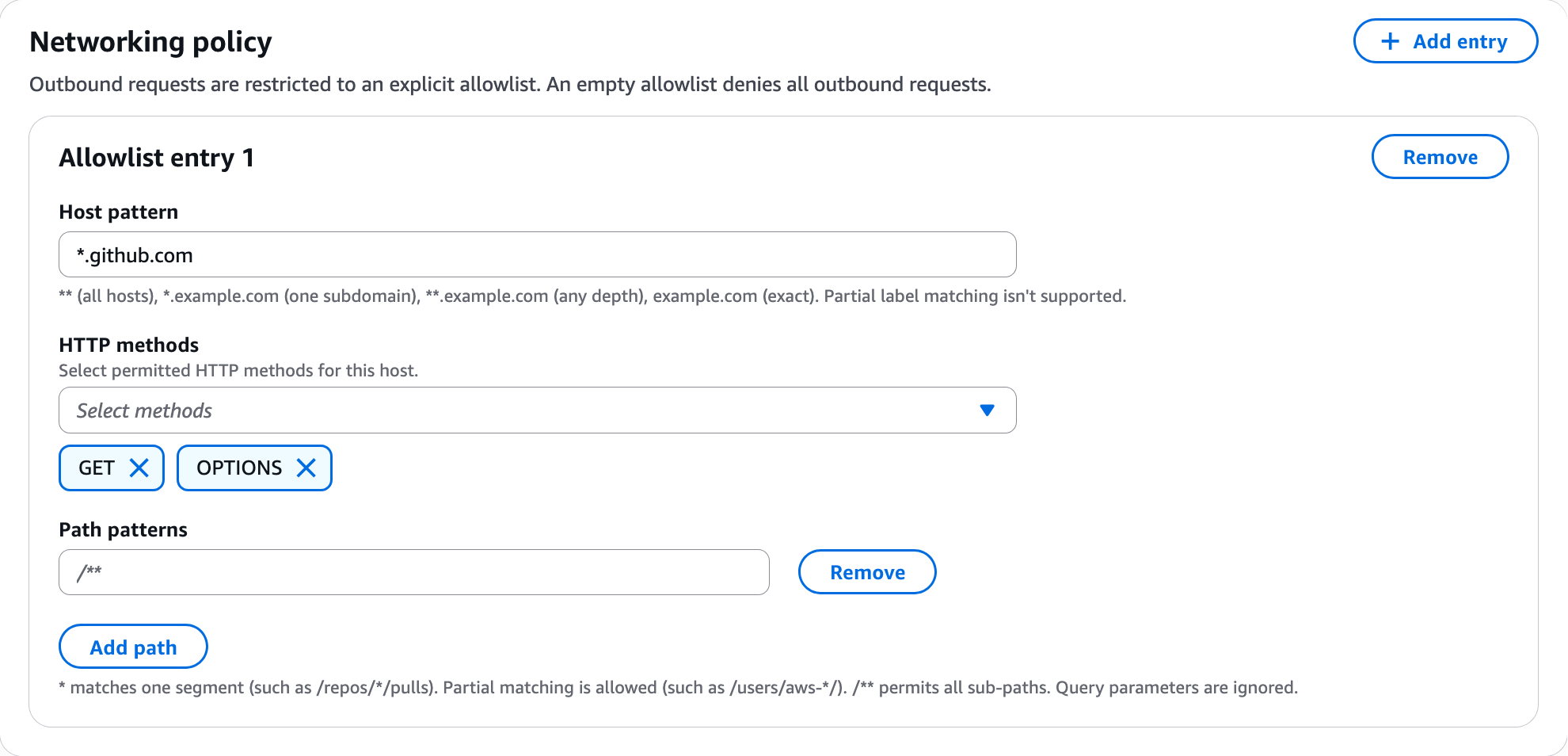 Allowlist entry with host pattern *.github.com, GET and OPTIONS methods, and path pattern /**.