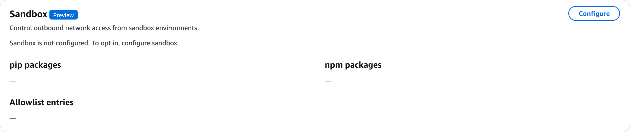 Sandbox section showing "Sandbox is not configured" with empty pip packages, npm packages, and Allowlist entries fields.