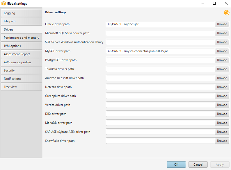 Enter the paths for the Oracle and MySQL drivers