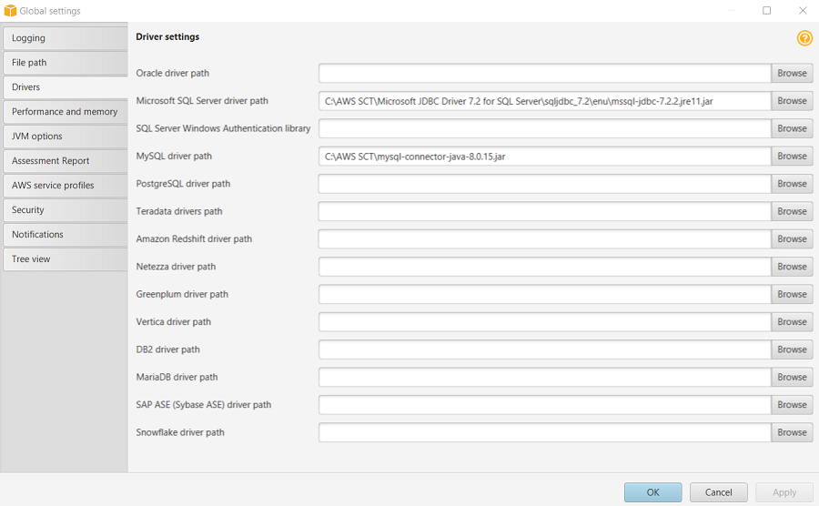 Enter the paths for the Microsoft SQL Server and MySQL drivers