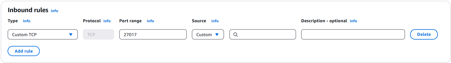 Inbound rules section showing fields for type, protocol, port range, source, and description. The Add rule button is in the lower-left corner.