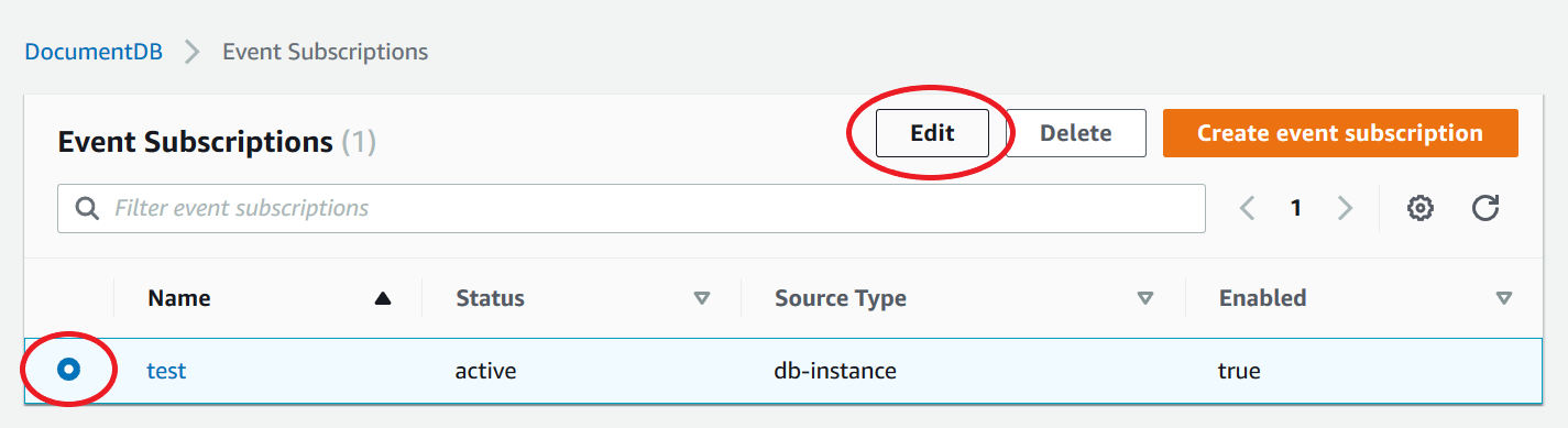 The Event subscriptions pane showing a selected subscription and the Edit button.