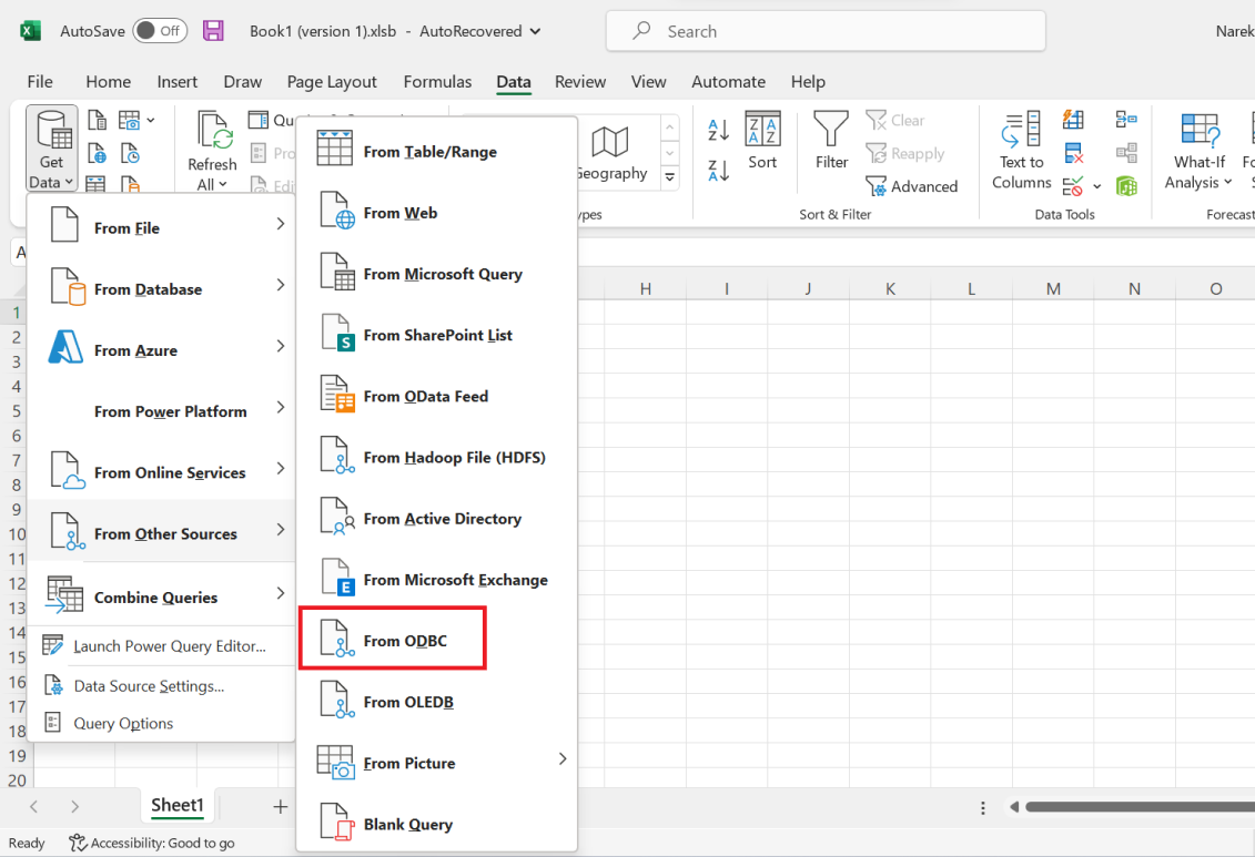 The Get Data dropdown shows the From Other Sources submenu. The From ODBC option is selected.