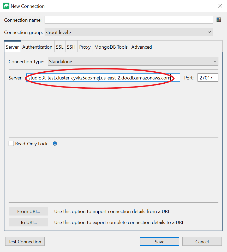 Server tab in the New Connection interface with Server input field highlighted.
