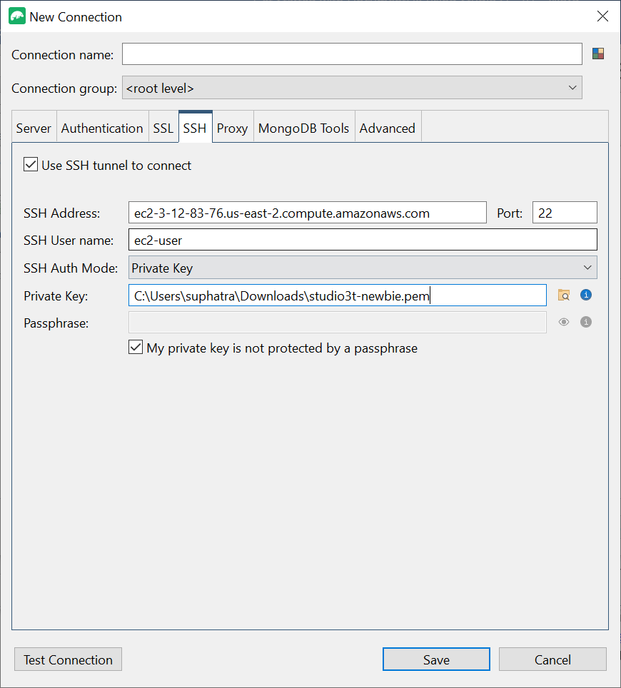 SSH tab in the New Connection interface with SSH tunnel credentials entered.