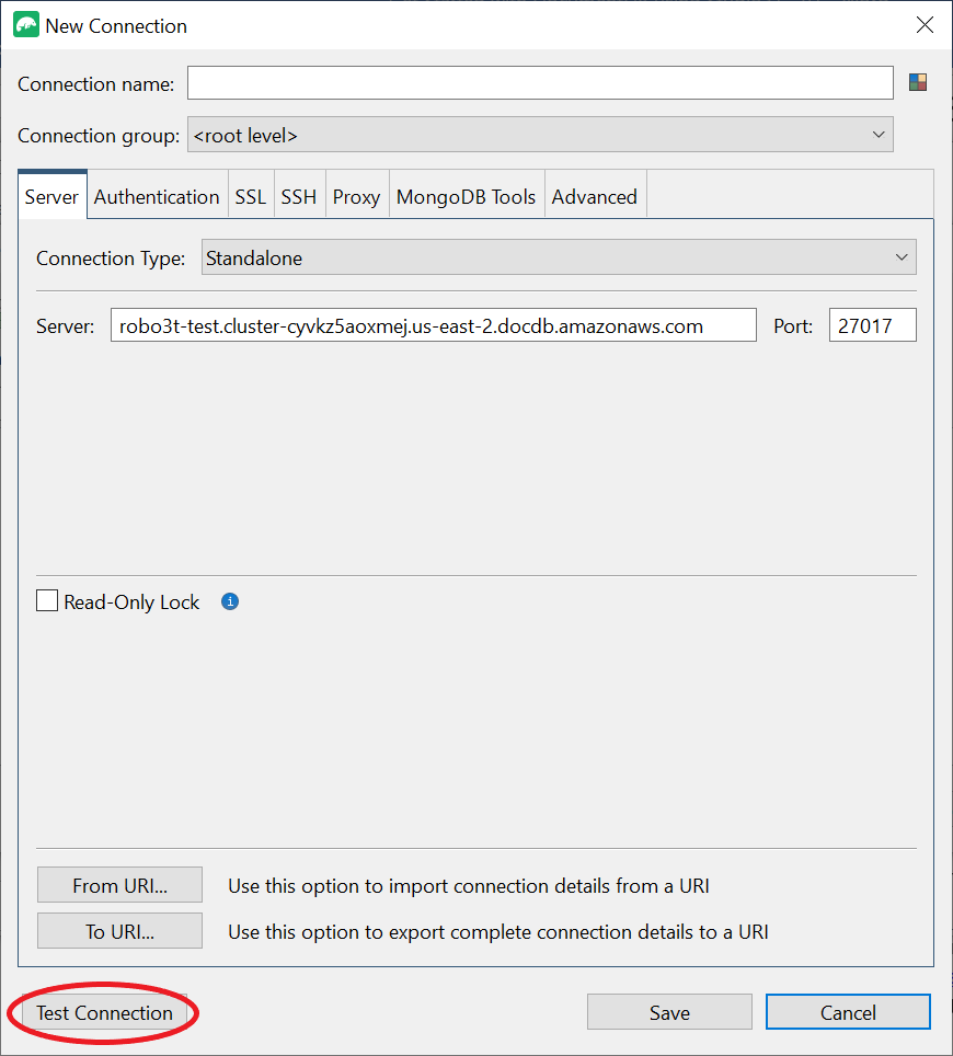 New Connection interface with Test Connection button highlighted in the bottom-left corner.
