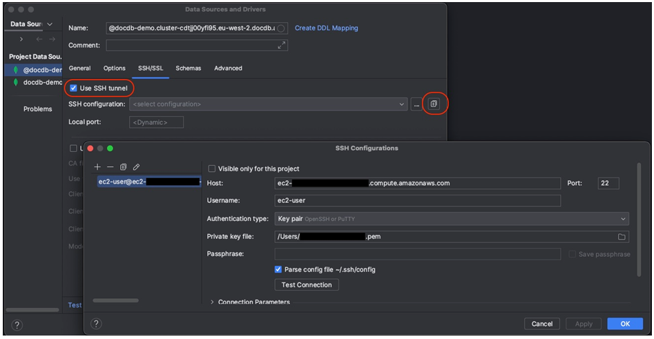 The SSH/SSL tab in the Data Sources and Drivers interface with Use SSH tunnel selected and the SSH configuration icon highlighted. The icon opens the displayed SSH Configurations interface.