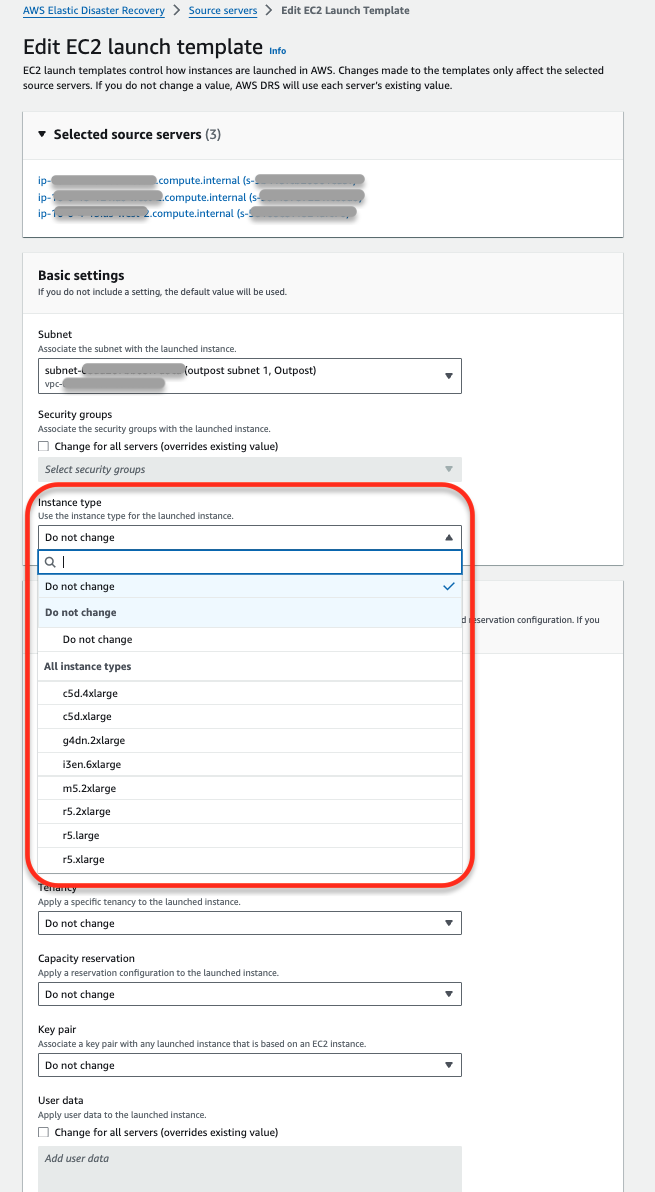 EC2 launch template edit page showing instance type selection dropdown with various options.