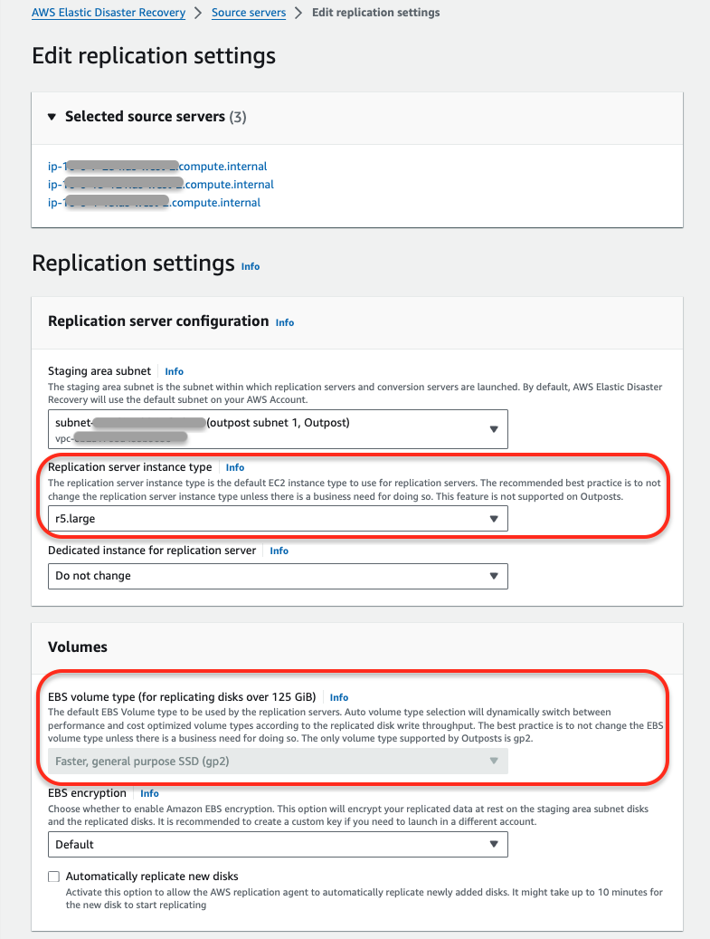 Replication settings interface showing server configuration options and EBS volume settings.
