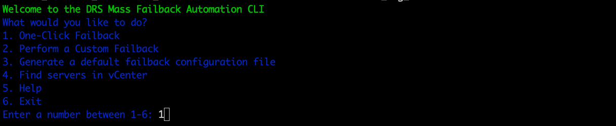 CLI menu for DRS Mass Failback Automation with options numbered 1 to 6.
