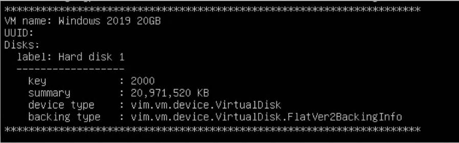 Virtual machine details showing Windows 2019 20GB with disk information and specifications.