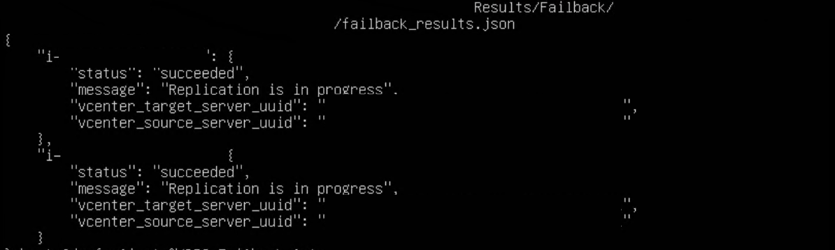 JSON output showing replication status as "succeeded" with progress message for two items.