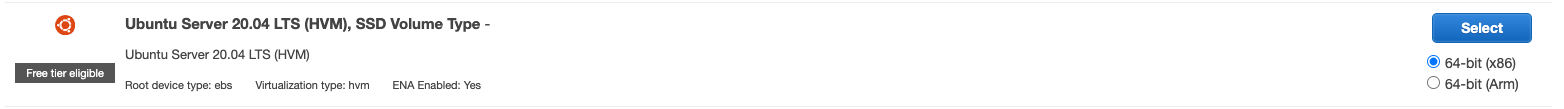 Ubuntu Server 20.04 LTS (HVM) option with SSD volume type and virtualization details.