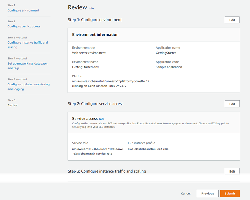 Review environment panel. Linkable steps on left side of panel. Marked optional if applicable.