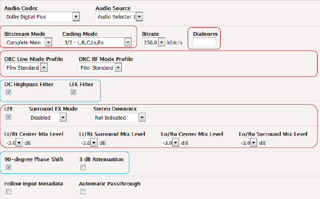 Audio codec interface with settings for bitstream, coding, DRC, filters, and surround sound options.