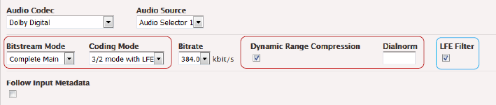 Audio codec settings interface with Dolby Digital options and highlighted fields.