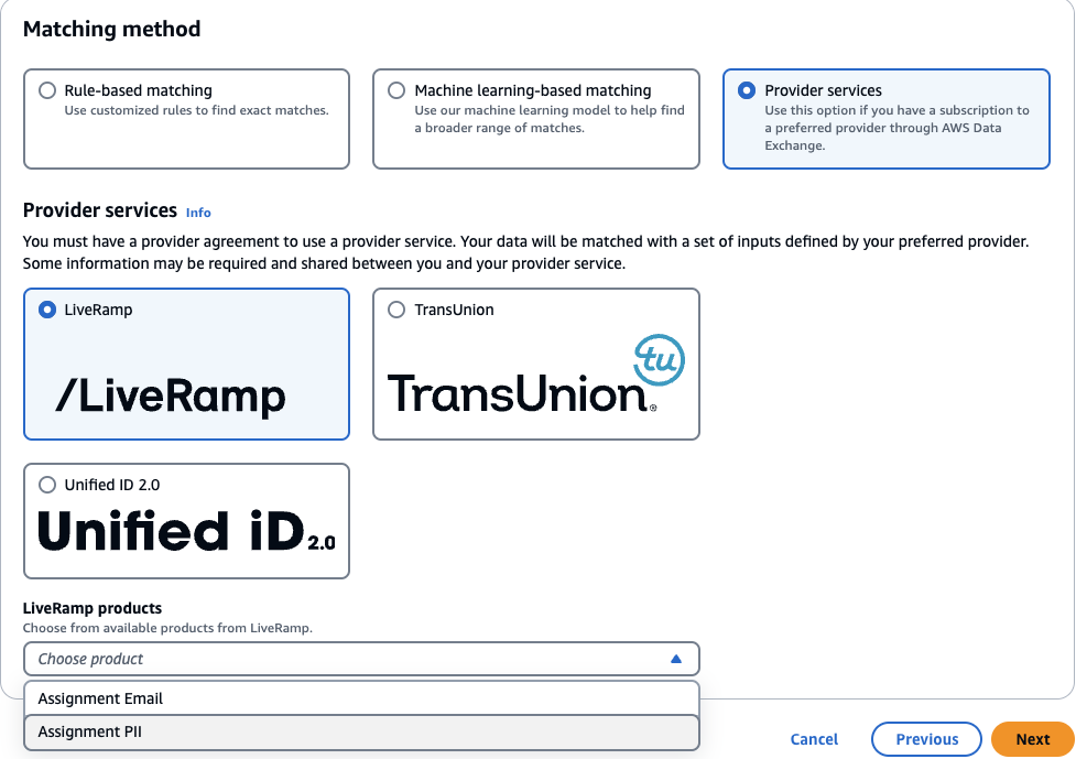 Provider services options with the LiveRamp provider service selected.