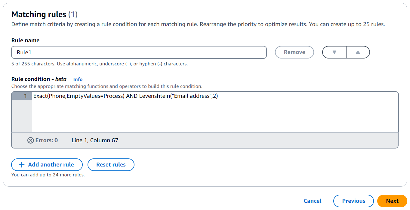 Example of a rule condition that matches records on phone numbers and email addresses.