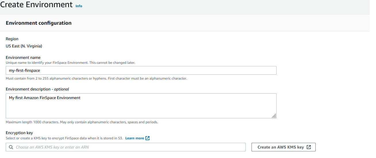 A screenshot that shows how to create a FinSpace environment.