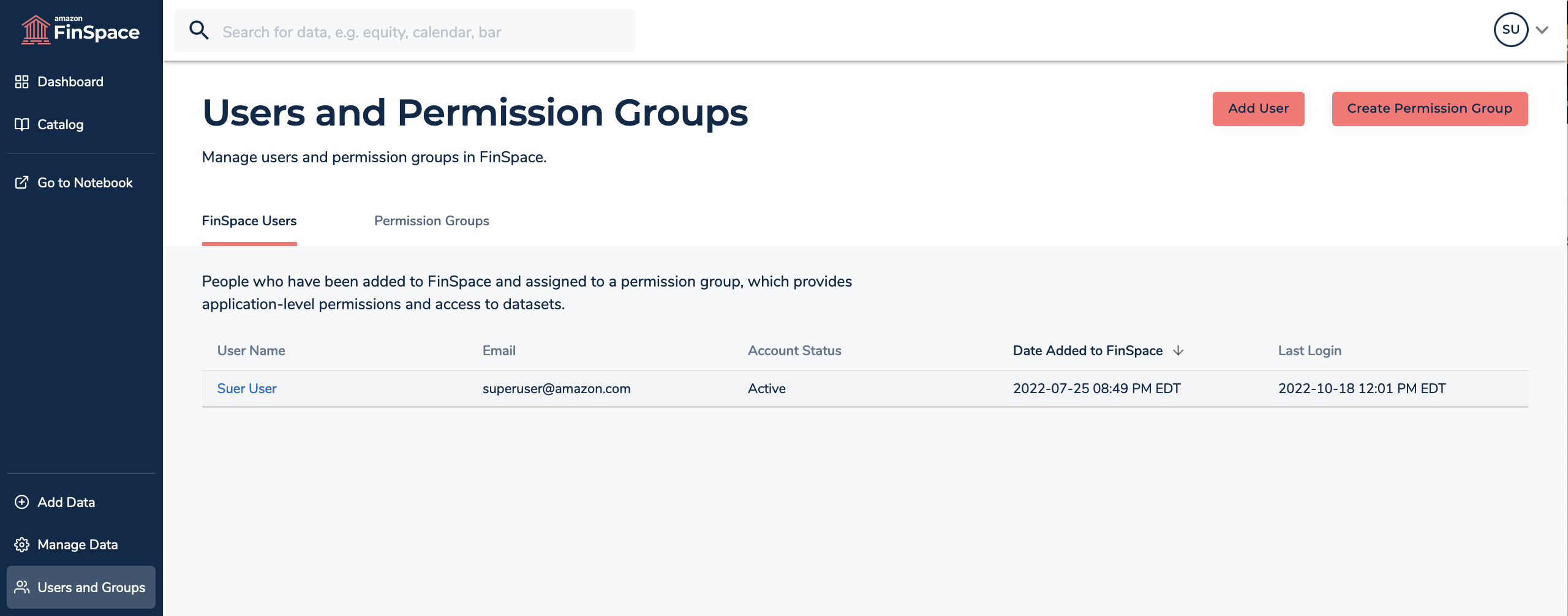 A screenshot that shows the FinSpace users list.