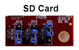 SD Card with three slots labeled JP1, JP2, JP3 and a coin cell battery holder.