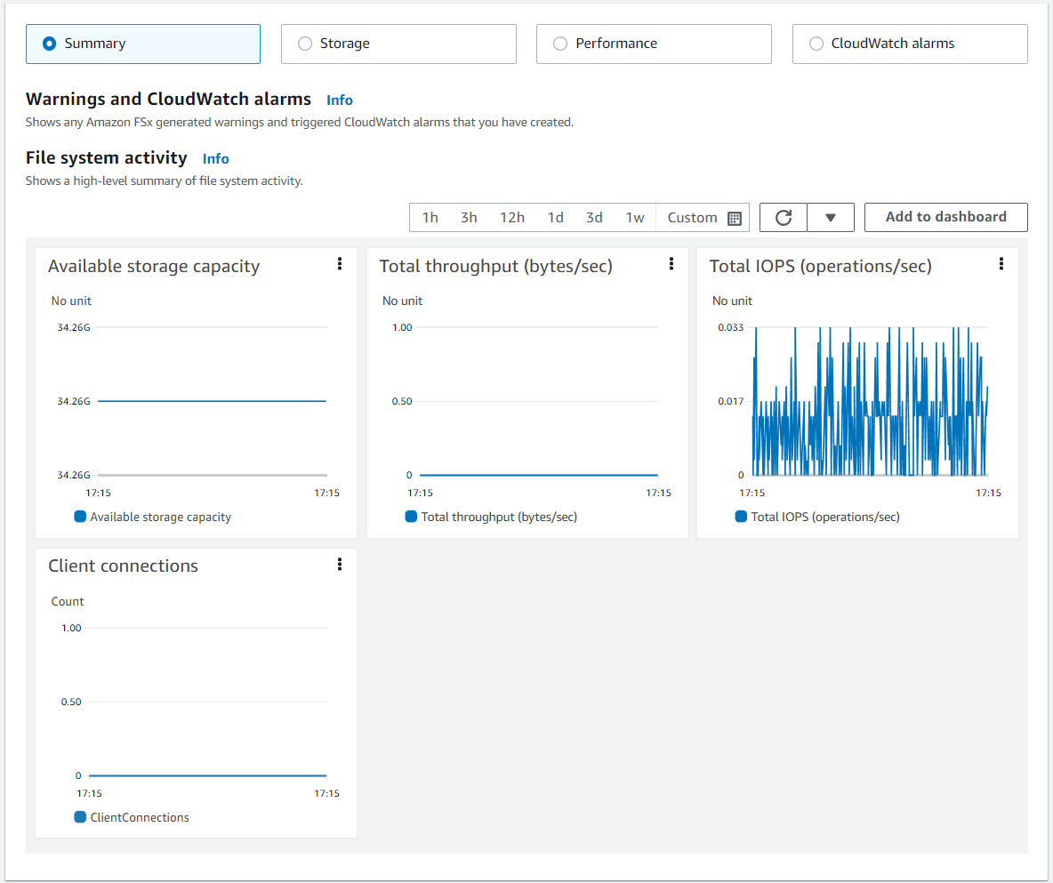 Screen capture image of the Performance & monitoring panel in the Amazon FSx console.
