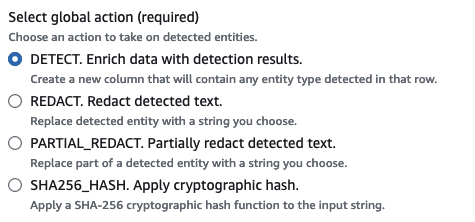 The screen shot shows the options in the Detect PII transform when selecting all rows in the data source to detect PII.
