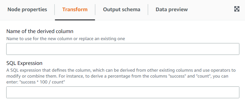 The screenshot shows the Transform tab for the Derived Column transform.