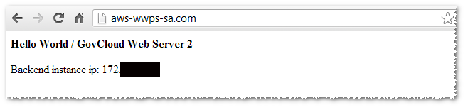 Web browser displaying "Hello World / GovCloud Web Server 2" with backend instance IP.