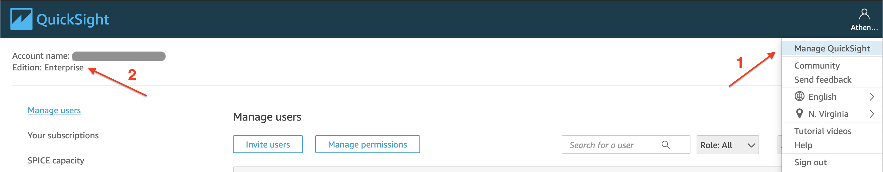 Quick Sight page with callouts to select Manage Quick Sight from the menu to confirm the Quick Sight edition