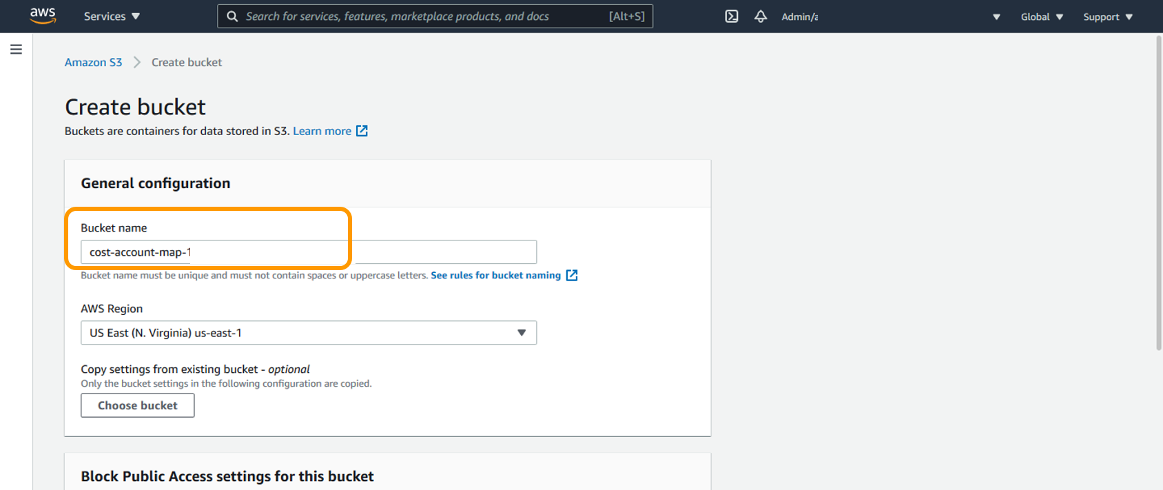 Amazon S3 create bucket with bucket name field highlighted