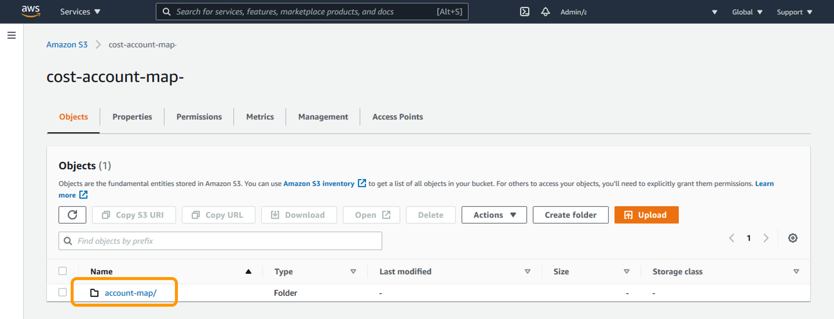 Amazon S3 bucket screen in cost-account-map folder with account-map folder highlighted
