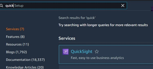 AWS Console search with results for Quick Sight