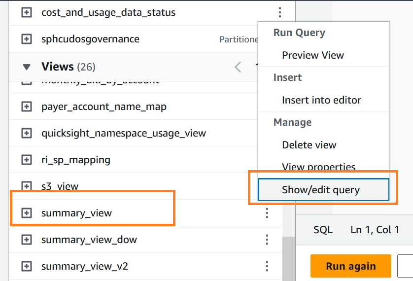 Athena Query editor highlighting the summary view query and its context menu to select show edit query