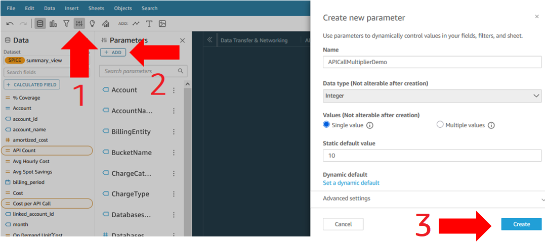 Analysis with an inset image with arrows and numbers indicating the steps to create a new parameter