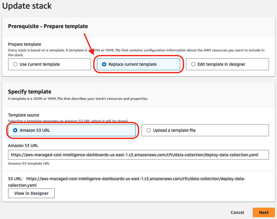 Optimization Data Collection Stack replace template entering S3 URL to new template