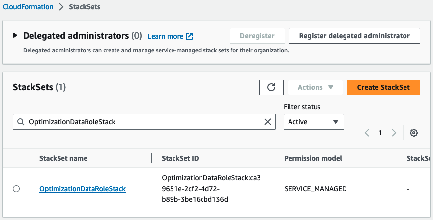 CloudFormation StackSets console - search data read role stackset
