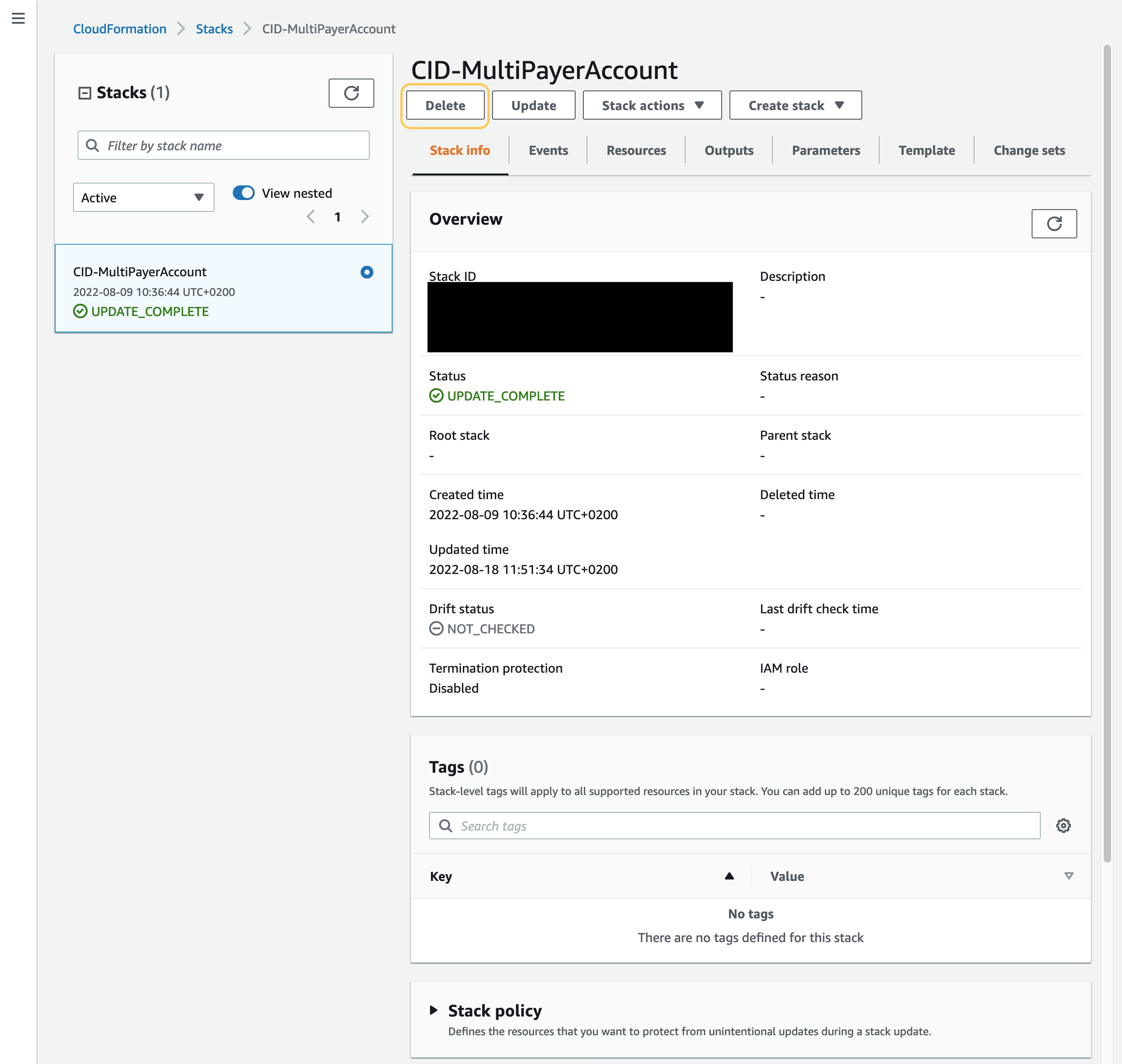Cloudformation stack detail CID-Multipayeraccount with the delete button highlighted