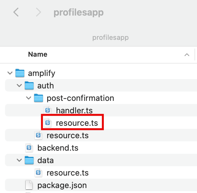 The file structure for a web application project, highlighting the update to 'resource.ts' in the amplify/auth/post-confirmation directory. Used in the 'Build a Basic Web Application' tutorial.