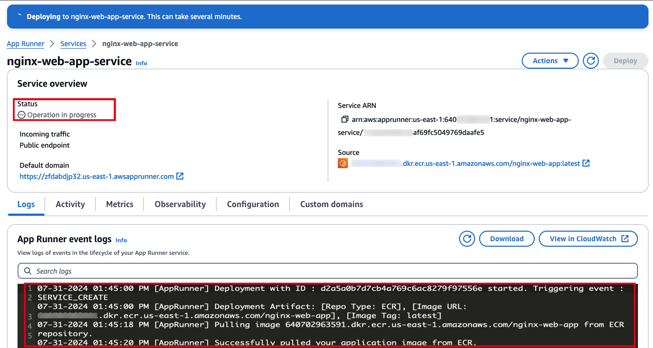 AWS App Runner interface showing the deployment status "Operation in progress" for an nginx-web-app-service, with event logs detailing deployment steps.