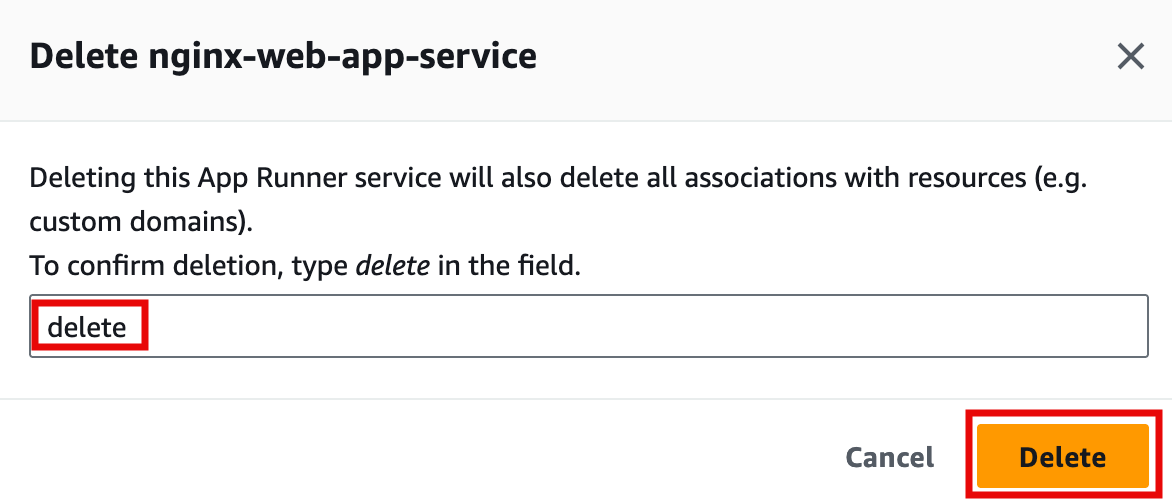 Confirmation dialog for deleting "nginx-web-app-service," requiring the user to type "delete" in a field and click the orange "Delete" button.