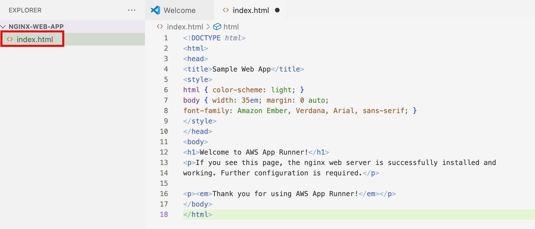 A Visual Studio Code editor showing an open "index.html" file with basic HTML structure and inline CSS for a sample web app, including a welcome message for AWS App Runner.