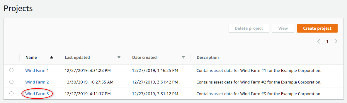 The "Projects" page with "Wind Farm 3" highlighted.